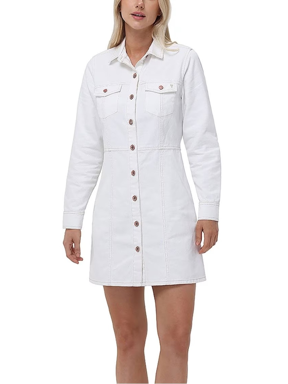 NWOT Frye Bone White Denim Long Sleeve Button Front Mini Shirt Dress Pockets XS